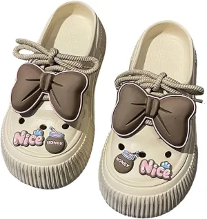 Women's Platform Slide Sandals with Bow and Flower Charms, Cavernous Upper