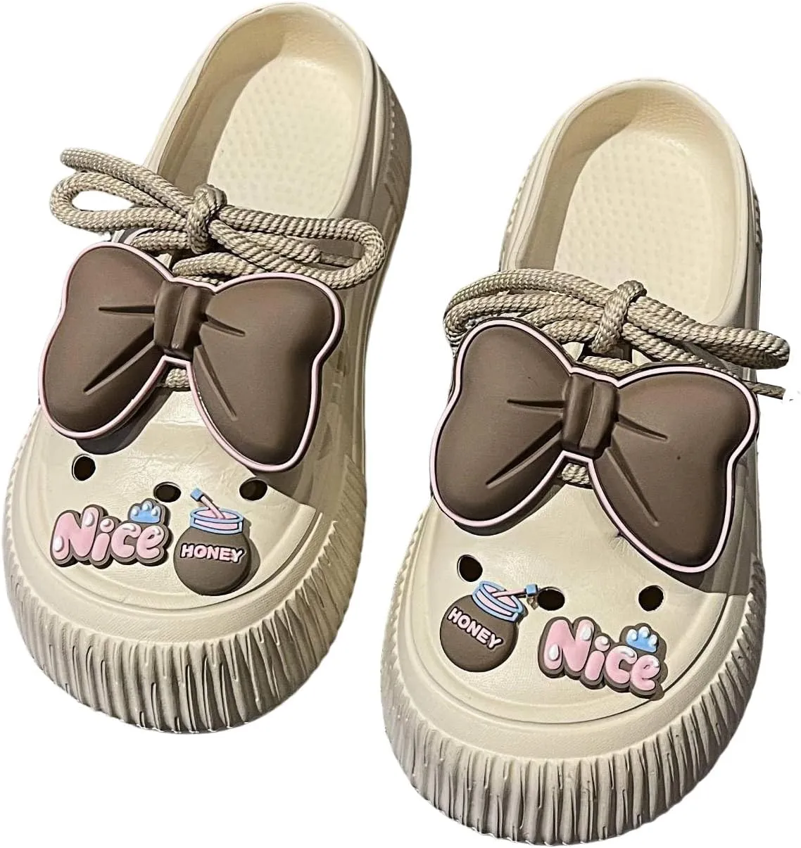 Women's Platform Slide Sandals with Bow and Flower Charms, Cavernous Upper
