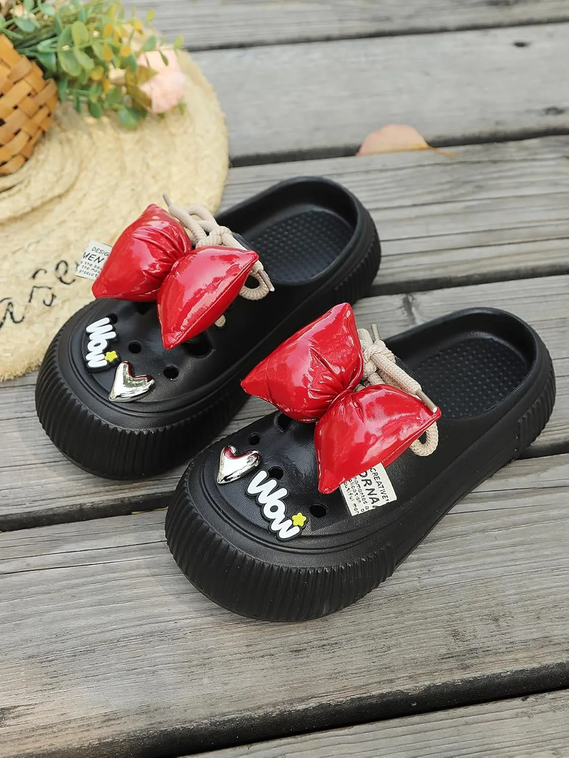 Women's Platform Slide Sandals with Bow and Flower Charms, Cavernous Upper