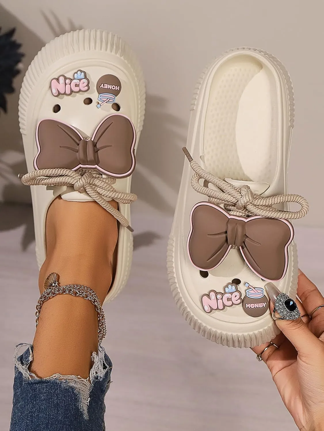 Women's Platform Slide Sandals with Bow and Flower Charms, Cavernous Upper