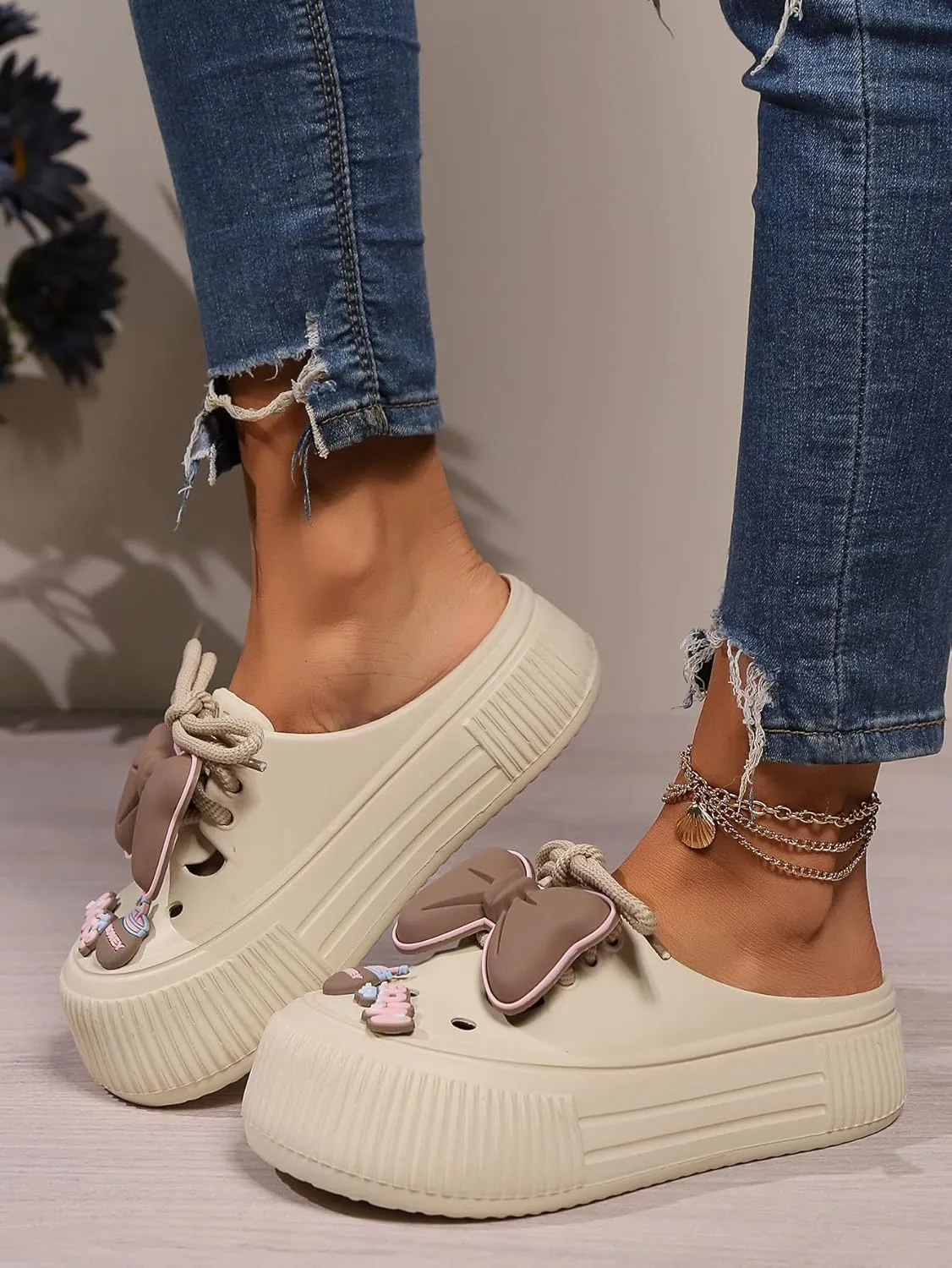 Women's Platform Slide Sandals with Bow and Flower Charms, Cavernous Upper