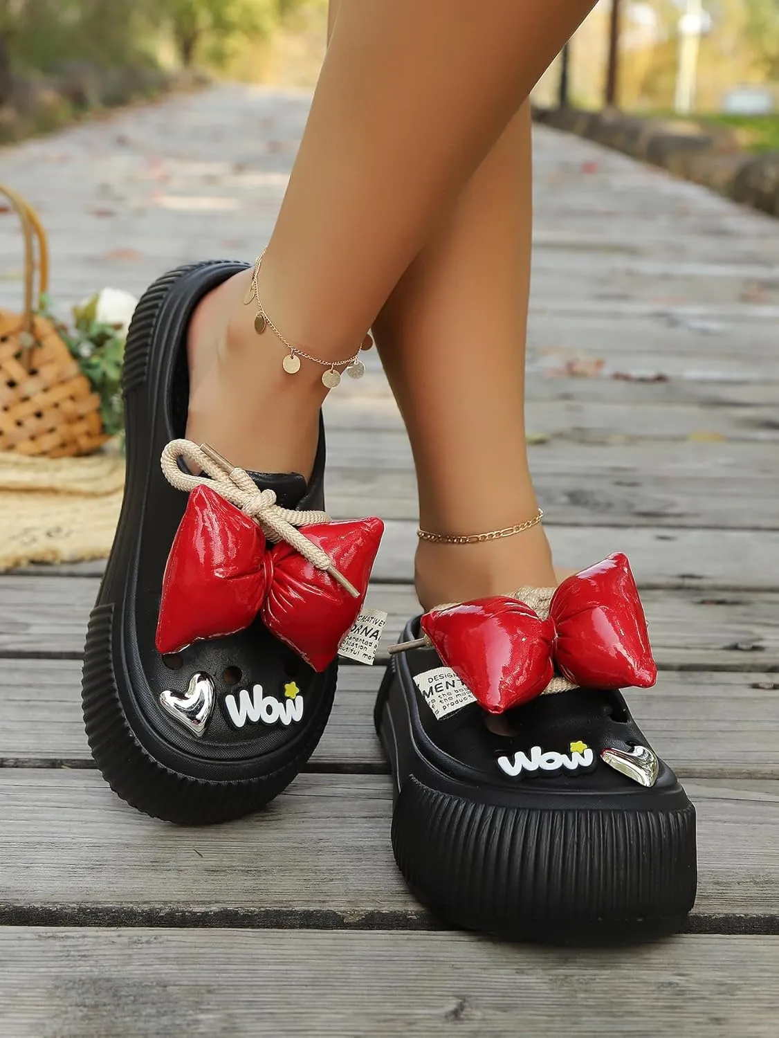 Women's Platform Slide Sandals with Bow and Flower Charms, Cavernous Upper