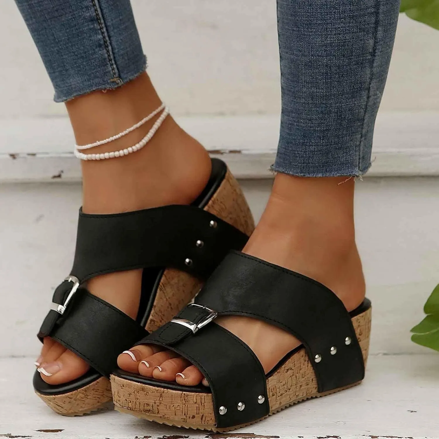Women's Platform Wedge Sandals Open Toe Slippers Casual Summer Shoes with Buckle Strap Comfortable Cork Sole for