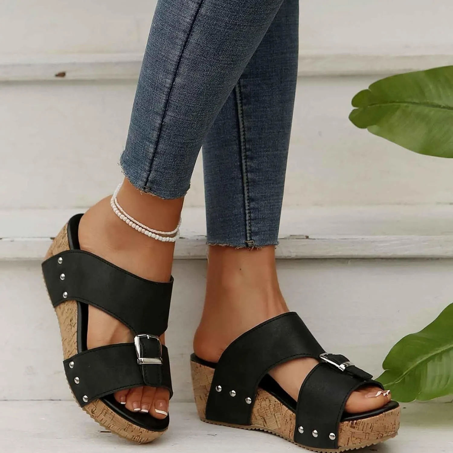 Women's Platform Wedge Sandals Open Toe Slippers Casual Summer Shoes with Buckle Strap Comfortable Cork Sole for