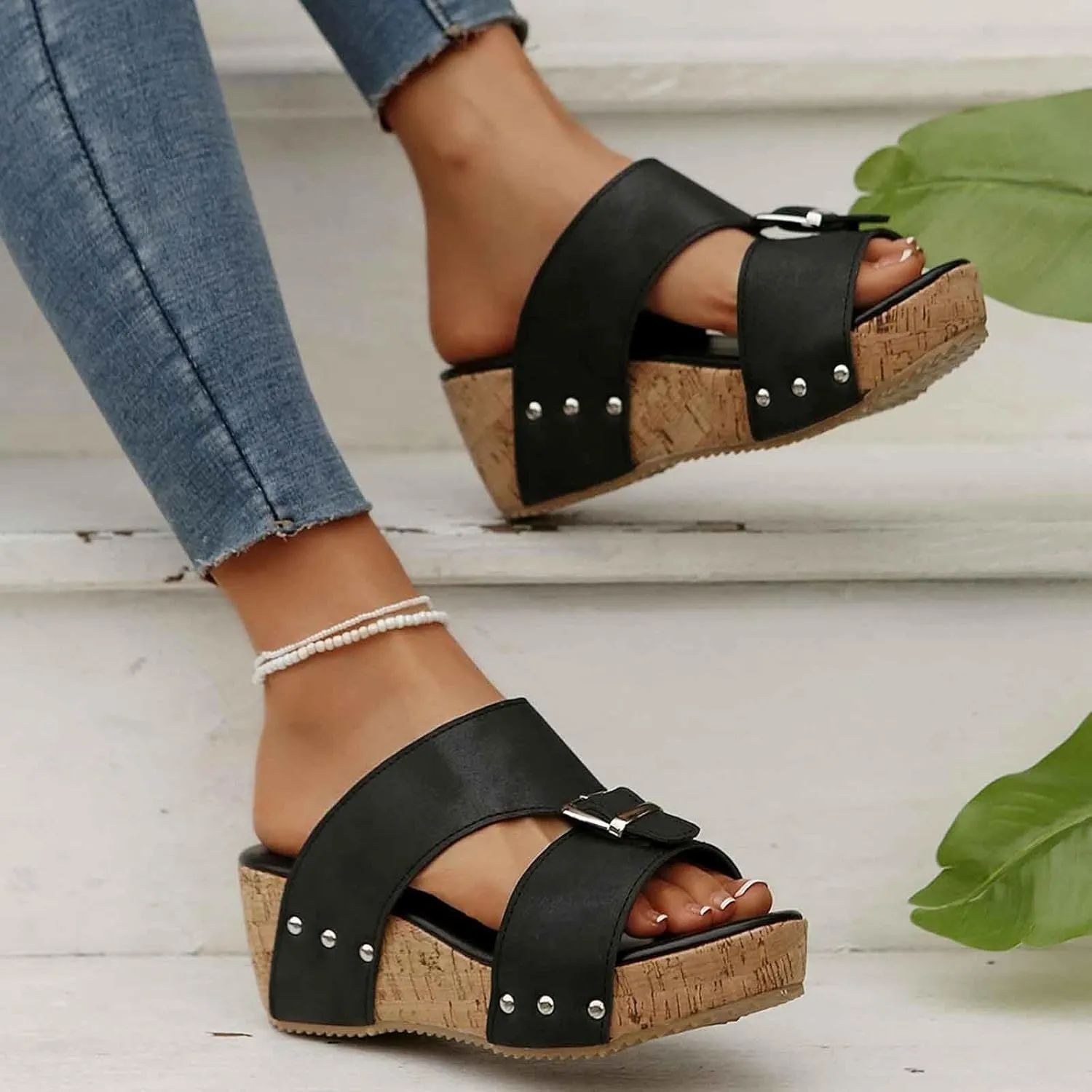 Women's Platform Wedge Sandals Open Toe Slippers Casual Summer Shoes with Buckle Strap Comfortable Cork Sole for