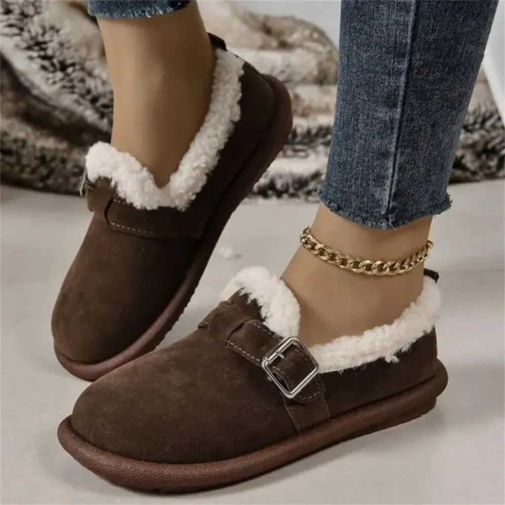 Women's Plush Round Toe Slip-On Flats, Women's Plush Lined Orthopedic Slip-On Shoes, Retro Buckle Strap Round Toe Flat Loafers