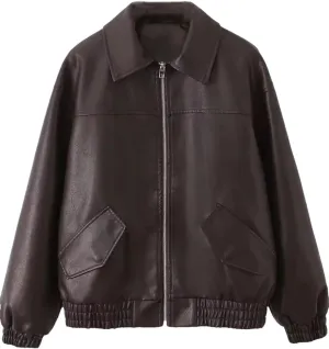 Women’S Retro Loose Black PU Faux Leather Jacket Moto Biker Coat With Drop-Shoulder Sleeves And Vintage Zippers