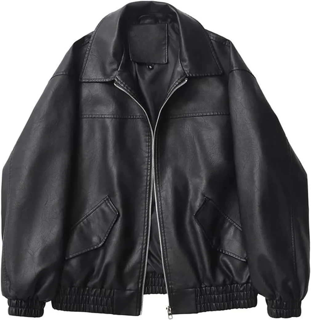 Women’S Retro Loose Black PU Faux Leather Jacket Moto Biker Coat With Drop-Shoulder Sleeves And Vintage Zippers