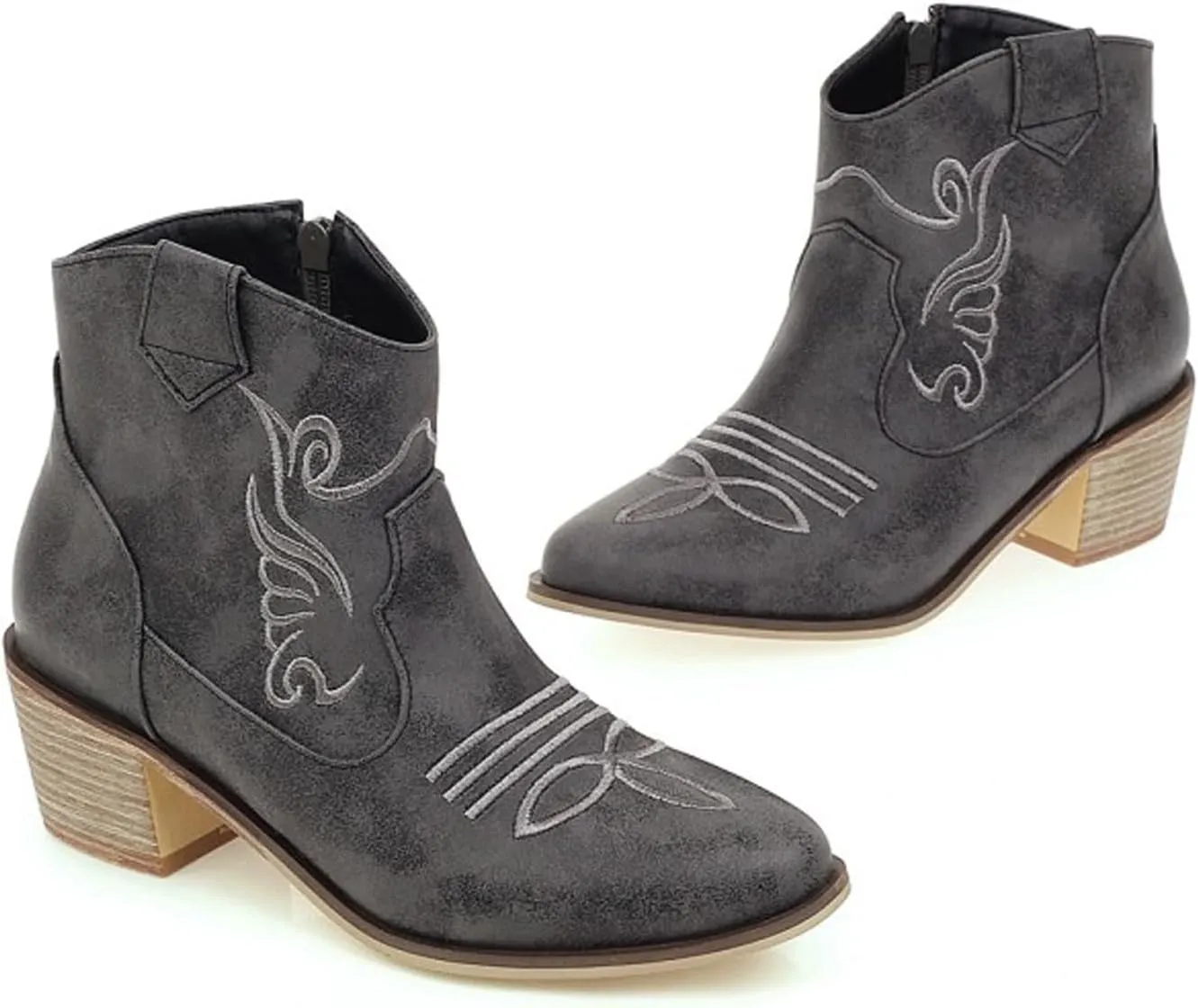 Women's Riley Western Booties, Classic Point Toe Embroidered Western Rodeo Cowboy Sheriff Boot with Zipper Ankle Boots Low Heel for Women