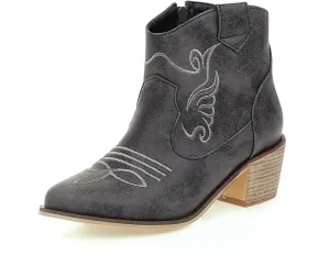 Women's Riley Western Booties, Classic Point Toe Embroidered Western Rodeo Cowboy Sheriff Boot with Zipper Ankle Boots Low Heel for Women