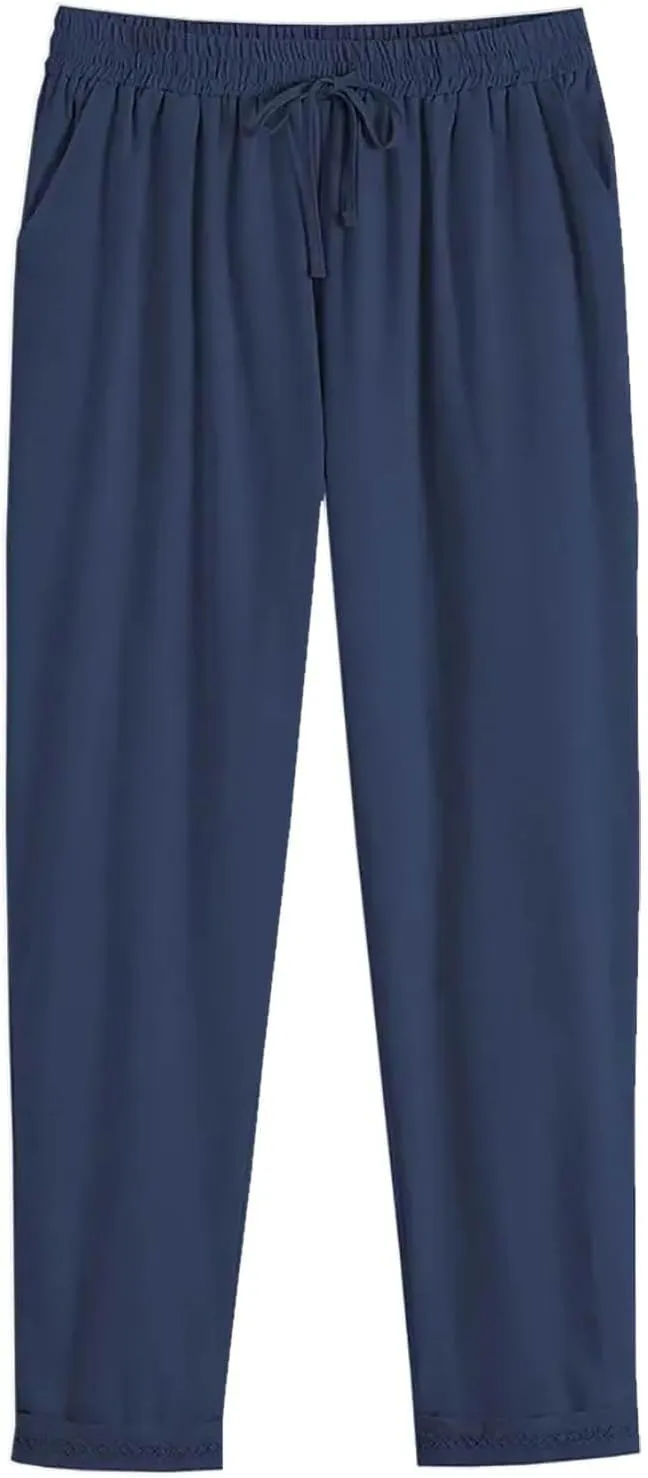 Women's Side Buttons Linen Pants Loose Casual Drawstring Elastic Waist Straight Leg Trousers Solid Lounge Slacks with Pockets