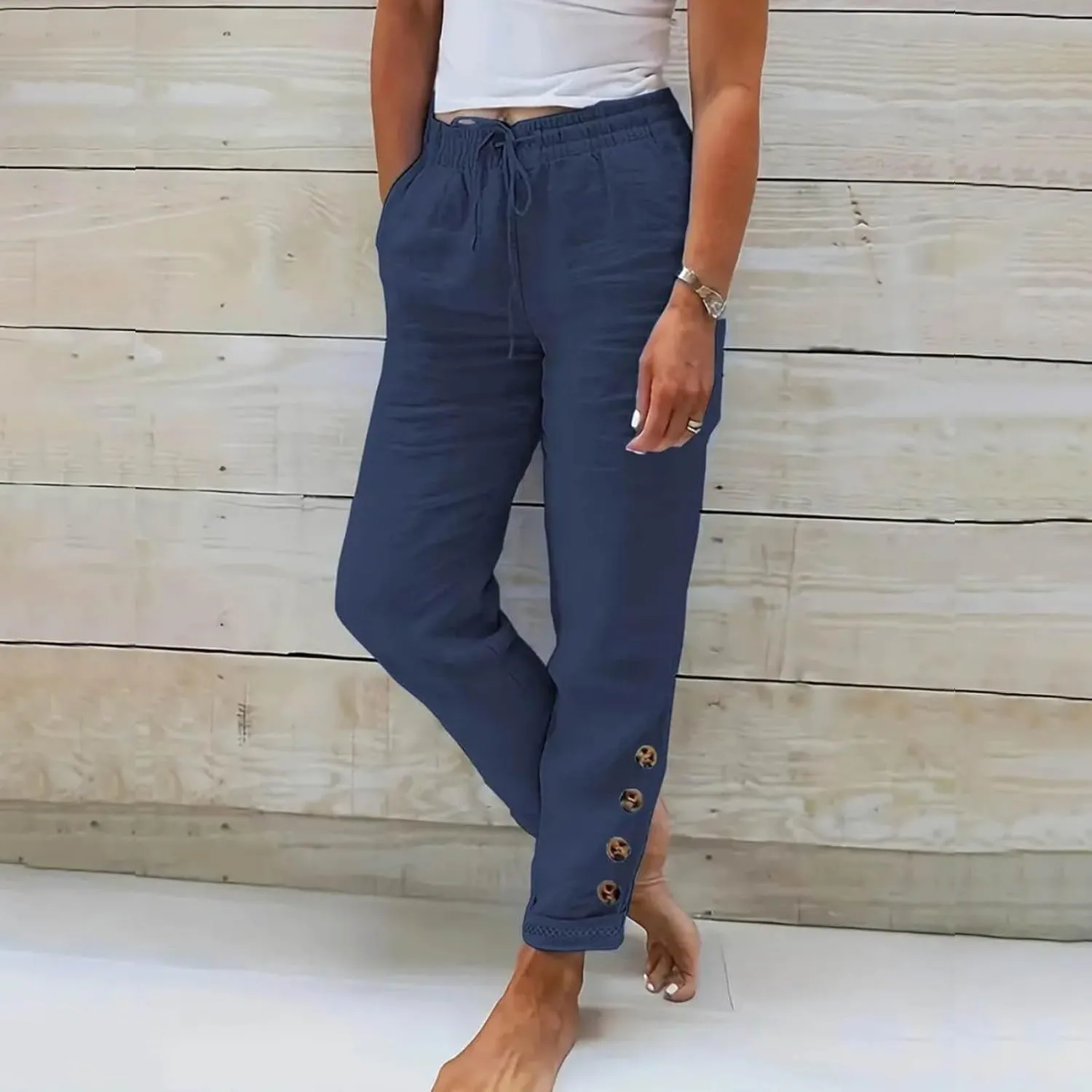 Women's Side Buttons Linen Pants Loose Casual Drawstring Elastic Waist Straight Leg Trousers Solid Lounge Slacks with Pockets