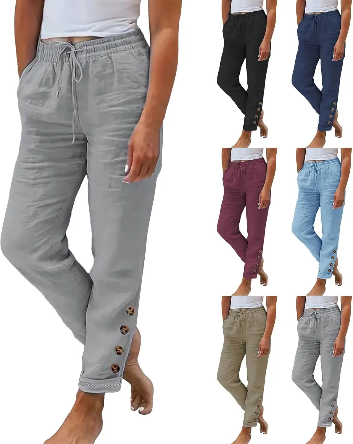 Women's Side Buttons Linen Pants Loose Casual Drawstring Elastic Waist Straight Leg Trousers Solid Lounge Slacks with Pockets