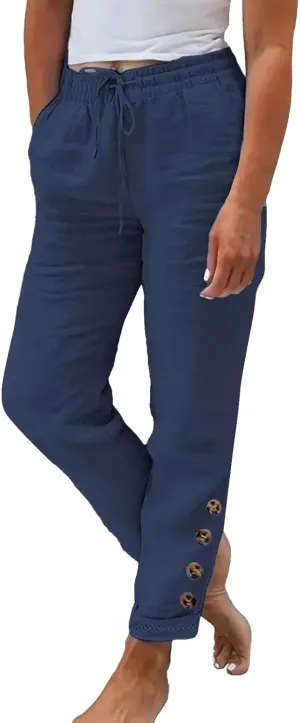 Women's Side Buttons Linen Pants Loose Casual Drawstring Elastic Waist Straight Leg Trousers Solid Lounge Slacks with Pockets