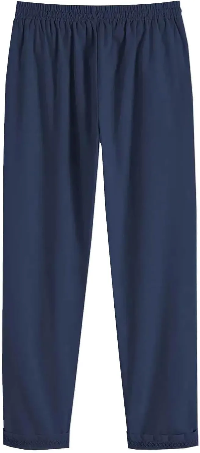 Women's Side Buttons Linen Pants Loose Casual Drawstring Elastic Waist Straight Leg Trousers Solid Lounge Slacks with Pockets