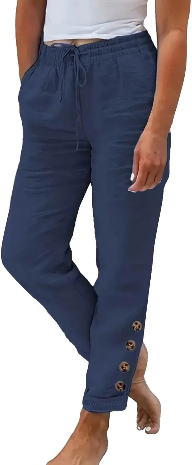 Women's Side Buttons Linen Pants Loose Casual Drawstring Elastic Waist Straight Leg Trousers Solid Lounge Slacks with Pockets