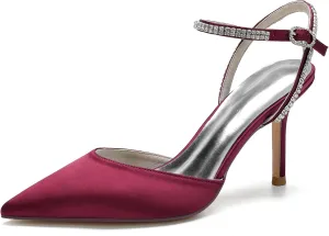 Women's Slingback Buckle Pumps Pointed Toe Satin Sexy Dress Wedding Party Ankle with Rhinestone Strap Bride Stiletto Heels