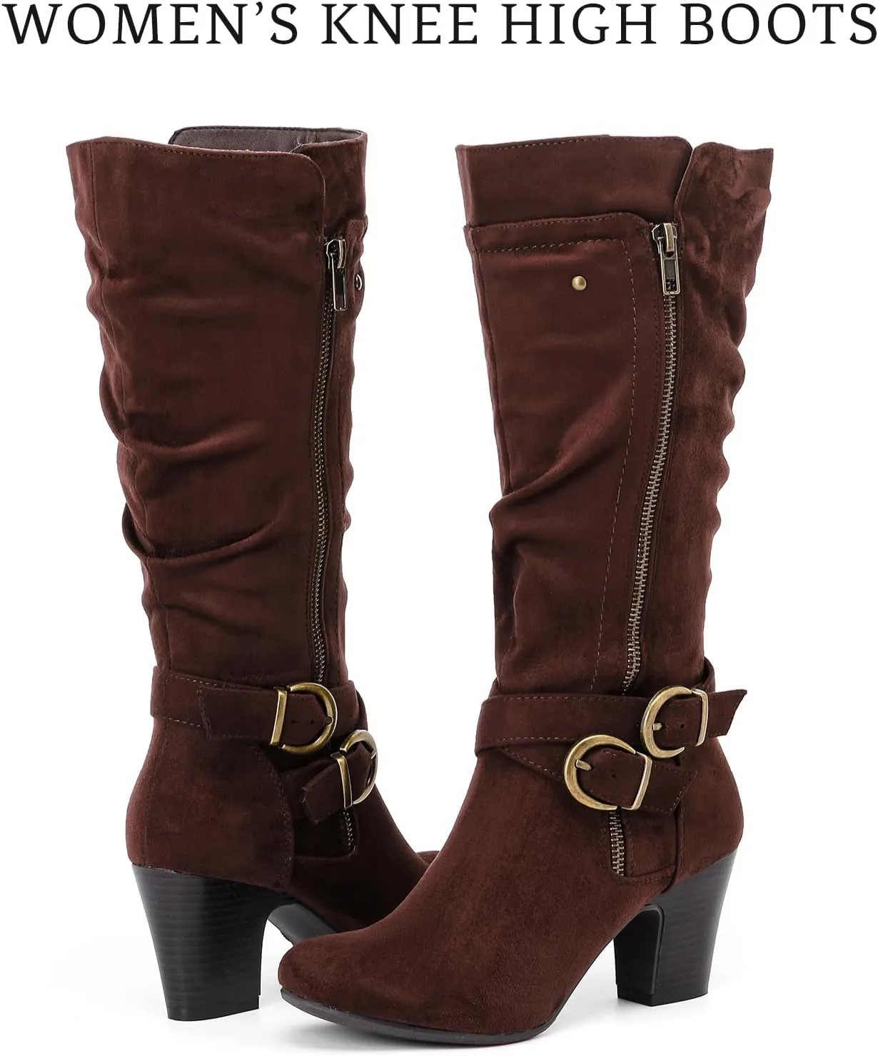 Women's Slouchy Knee High Boots Riding Combat Boots with Chunky Heel,Comfortable and Fashionable for Fall and Winter Wear for Women.