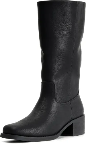 Women's Square Toe Boots Comfortable Chunky Block Heel Casual Boots Mid Calf Riding Boots