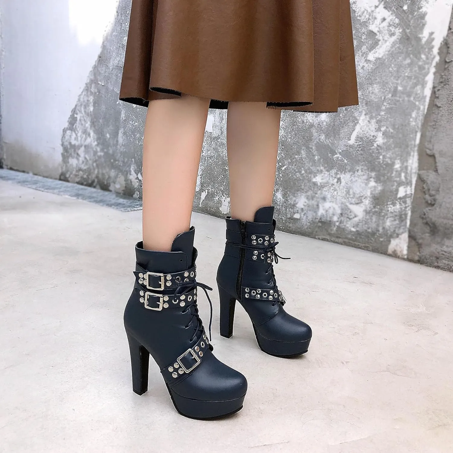 Women's Studded Buckled Combat Boots Chunky Platform Ankle Booties Goth Punk Lace Up Knight Biker Boots Zipper High Heels