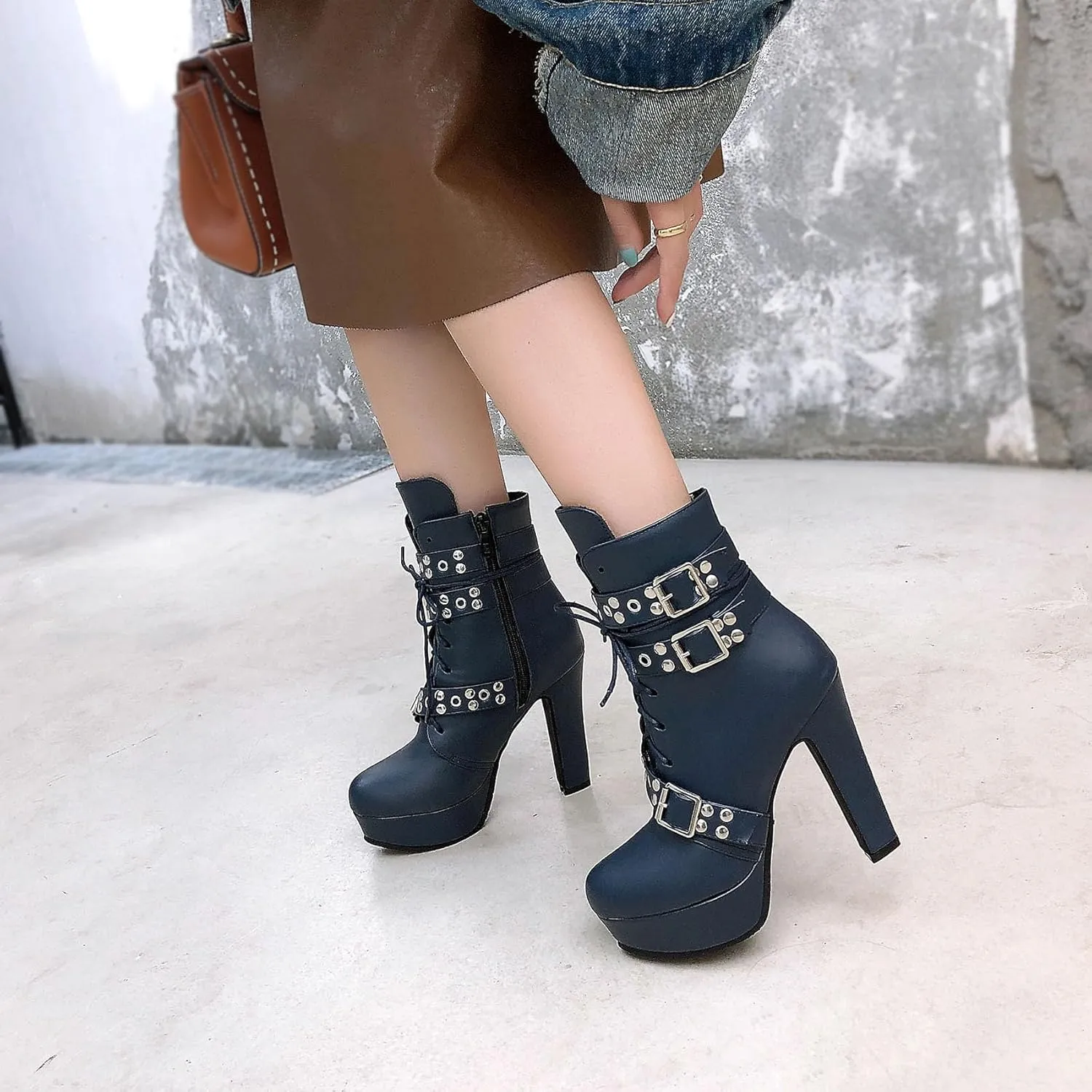 Women's Studded Buckled Combat Boots Chunky Platform Ankle Booties Goth Punk Lace Up Knight Biker Boots Zipper High Heels