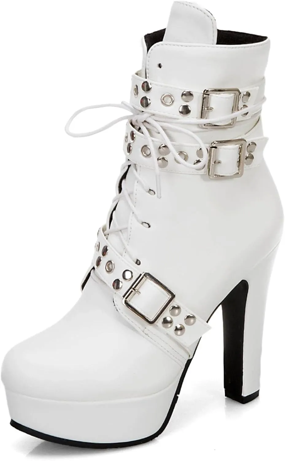 Women's Studded Buckled Combat Boots Chunky Platform Ankle Booties Goth Punk Lace Up Knight Biker Boots Zipper High Heels