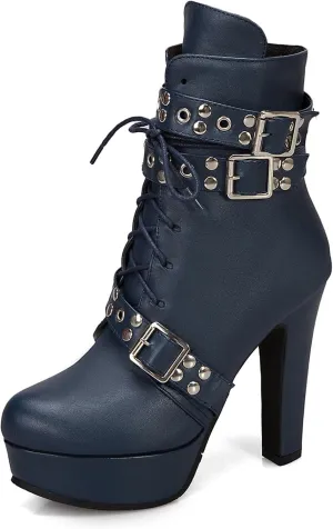 Women's Studded Buckled Combat Boots Chunky Platform Ankle Booties Goth Punk Lace Up Knight Biker Boots Zipper High Heels