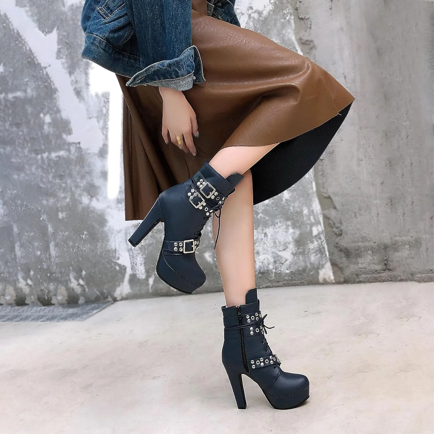 Women's Studded Buckled Combat Boots Chunky Platform Ankle Booties Goth Punk Lace Up Knight Biker Boots Zipper High Heels