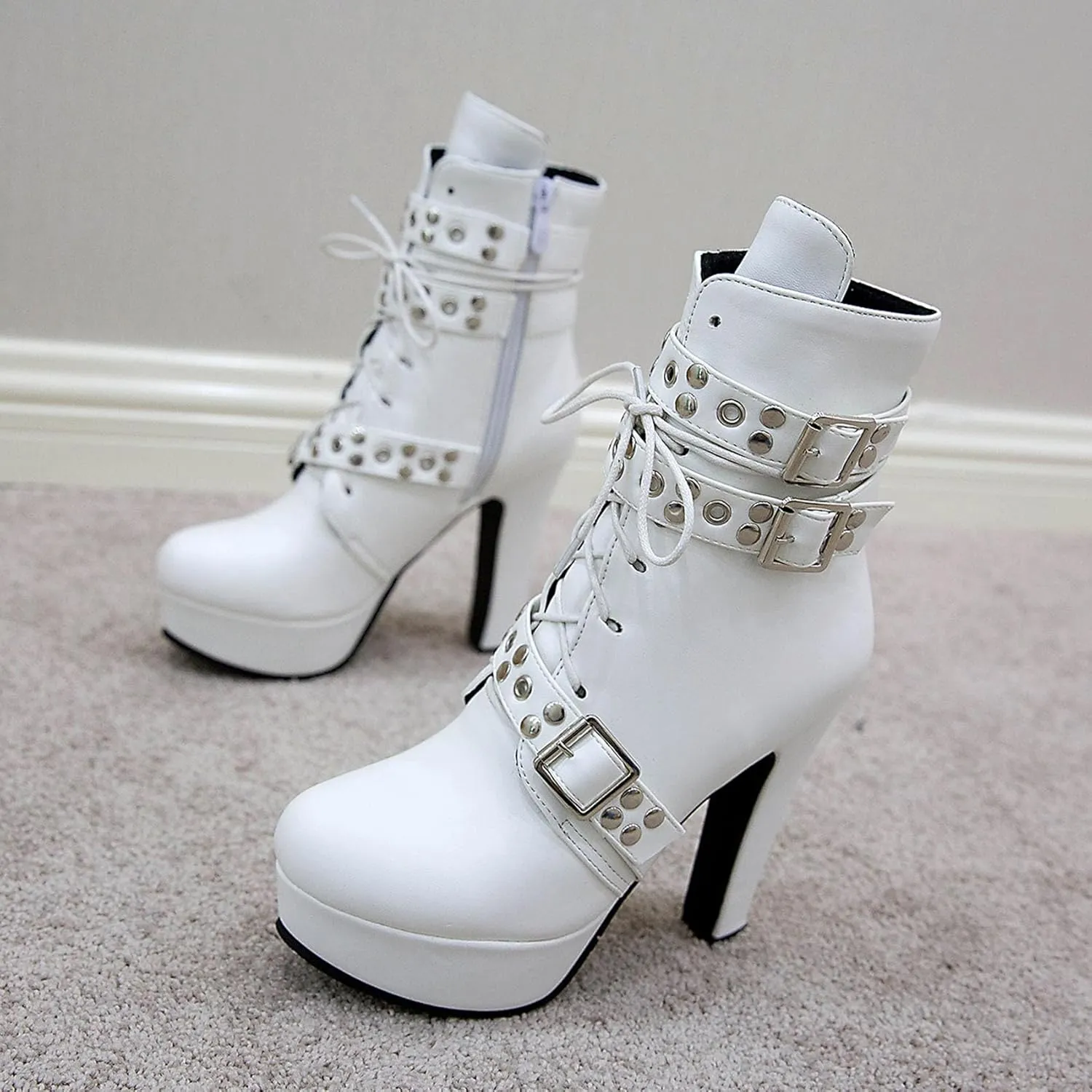 Women's Studded Buckled Combat Boots Chunky Platform Ankle Booties Goth Punk Lace Up Knight Biker Boots Zipper High Heels