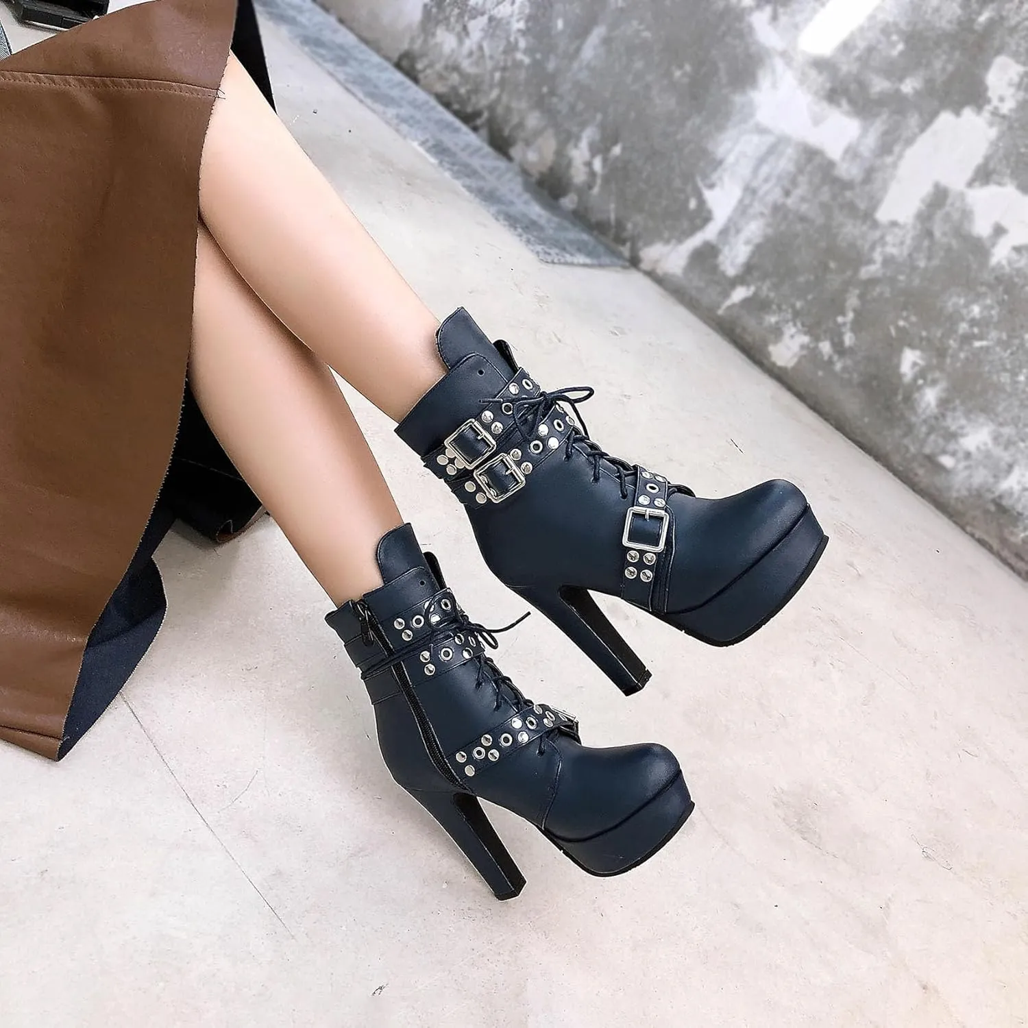 Women's Studded Buckled Combat Boots Chunky Platform Ankle Booties Goth Punk Lace Up Knight Biker Boots Zipper High Heels