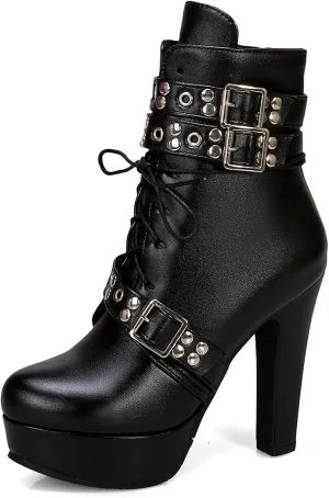 Women's Studded Buckled Combat Boots Chunky Platform Ankle Booties Goth Punk Lace Up Knight Biker Boots Zipper High Heels