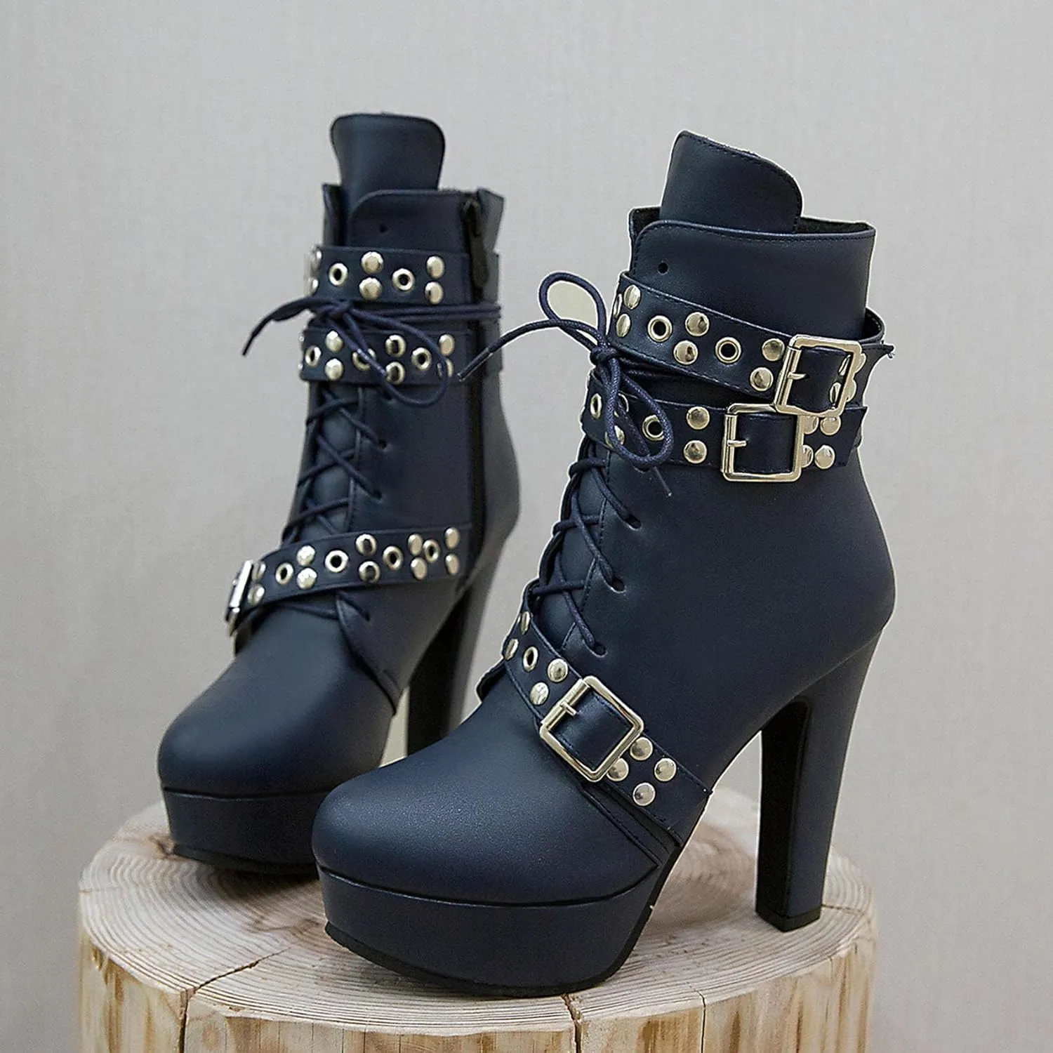 Women's Studded Buckled Combat Boots Chunky Platform Ankle Booties Goth Punk Lace Up Knight Biker Boots Zipper High Heels
