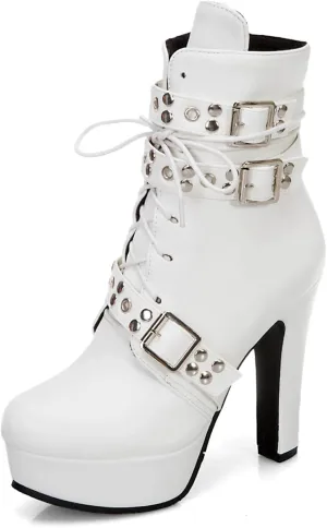 Women's Studded Buckled Combat Boots Chunky Platform Ankle Booties Goth Punk Lace Up Knight Biker Boots Zipper High Heels
