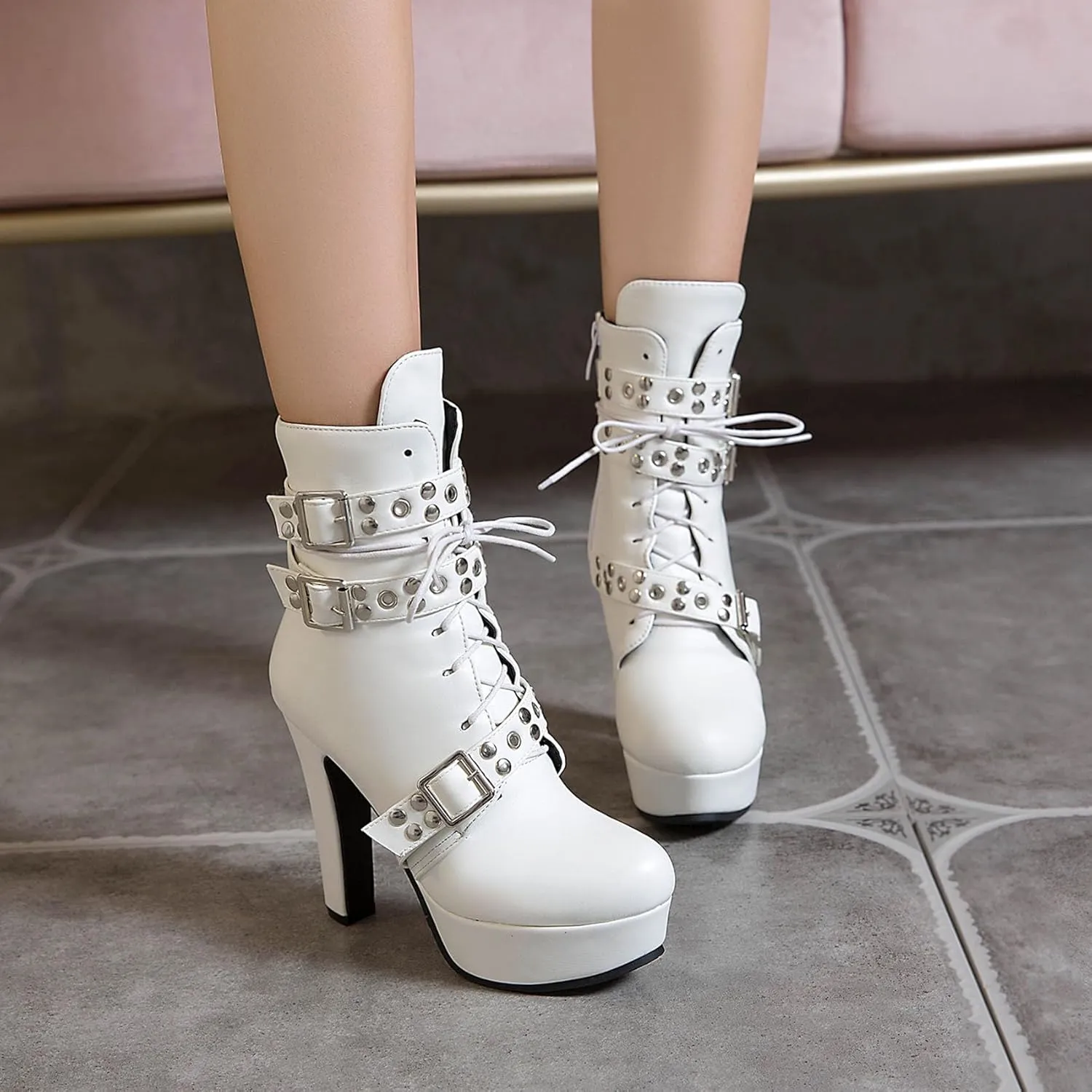Women's Studded Buckled Combat Boots Chunky Platform Ankle Booties Goth Punk Lace Up Knight Biker Boots Zipper High Heels