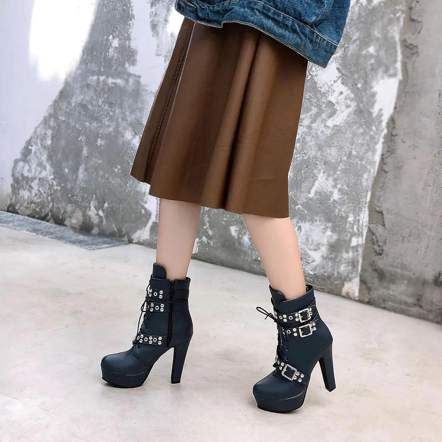Women's Studded Buckled Combat Boots Chunky Platform Ankle Booties Goth Punk Lace Up Knight Biker Boots Zipper High Heels