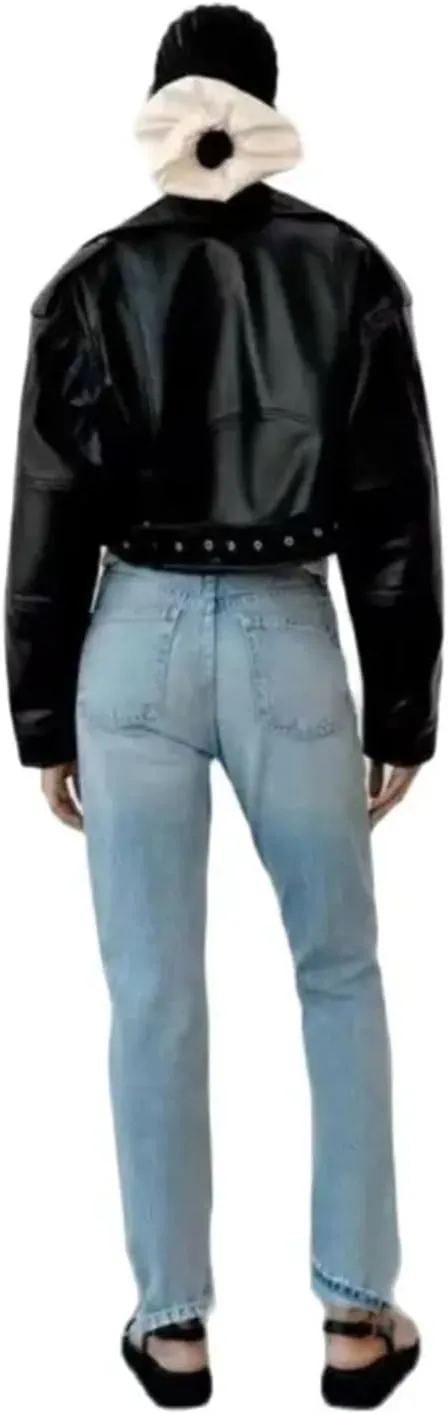 Women’S Vintage Loose PU Faux Leather Short Jacket With Belt Turn-Down Collar And Spliced Zippers Motor Biker Style Coat