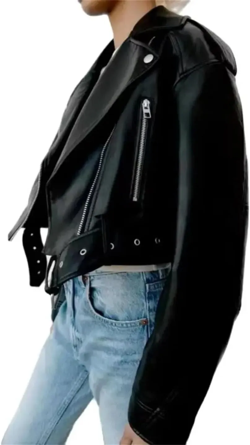 Women’S Vintage Loose PU Faux Leather Short Jacket With Belt Turn-Down Collar And Spliced Zippers Motor Biker Style Coat
