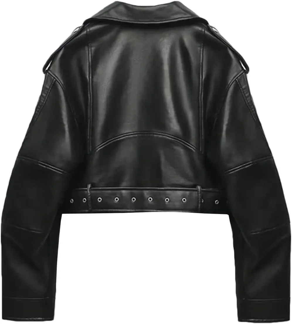 Women’S Vintage Loose PU Faux Leather Short Jacket With Belt Turn-Down Collar And Spliced Zippers Motor Biker Style Coat