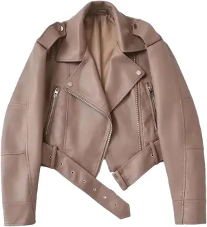Women’S Vintage Loose PU Faux Leather Short Jacket With Belt Turn-Down Collar And Spliced Zippers Motor Biker Style Coat