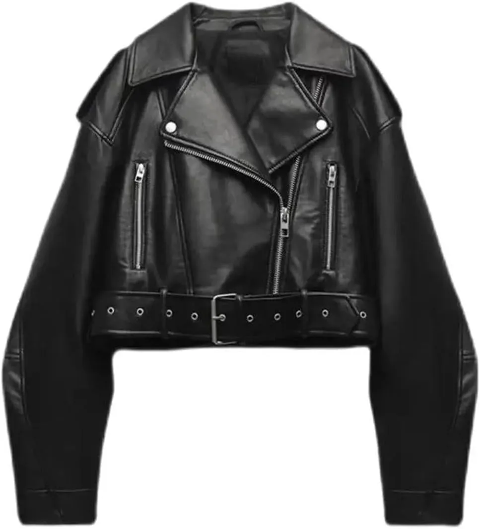 Women’S Vintage Loose PU Faux Leather Short Jacket With Belt Turn-Down Collar And Spliced Zippers Motor Biker Style Coat