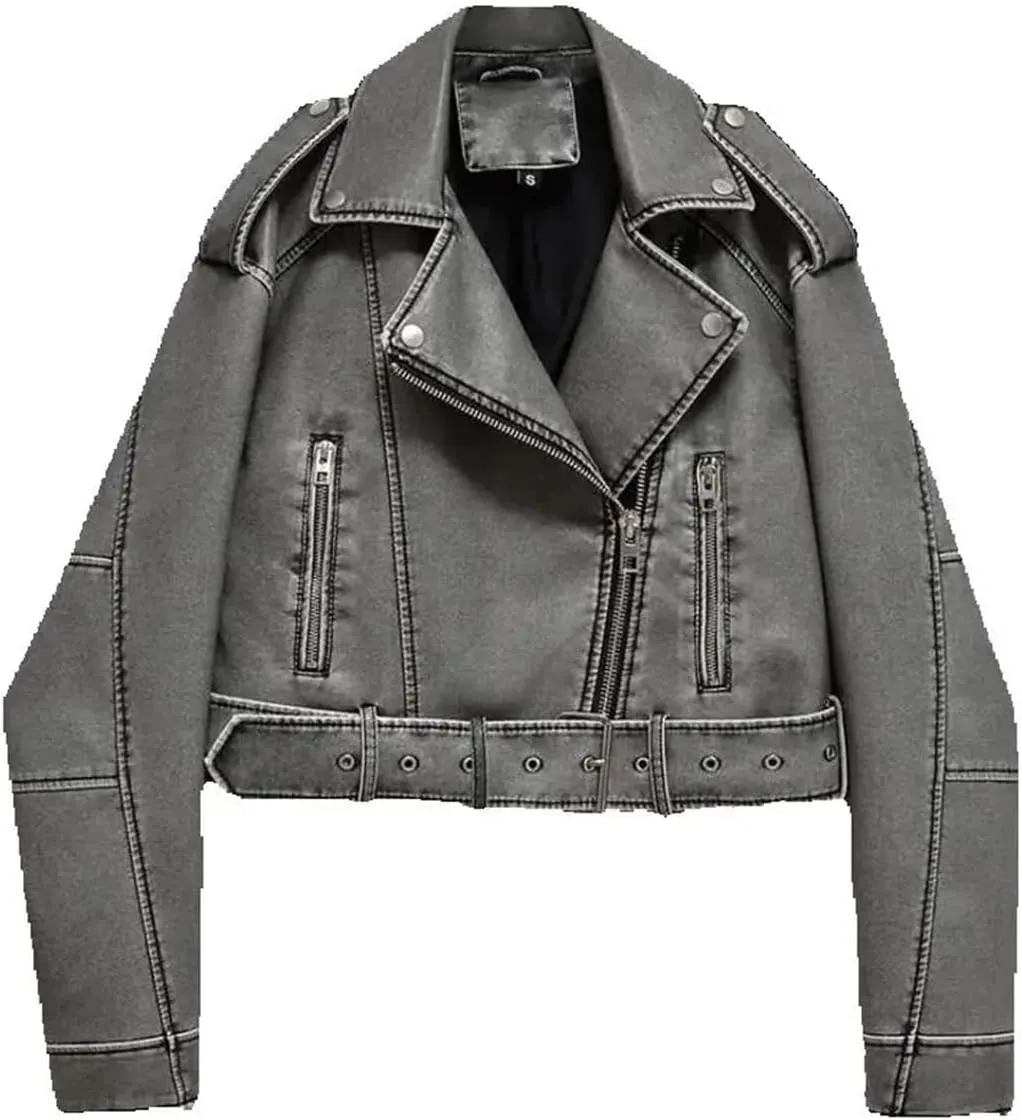 Women’S Vintage Loose PU Faux Leather Short Jacket With Belt Turn-Down Collar And Spliced Zippers Motor Biker Style Coat