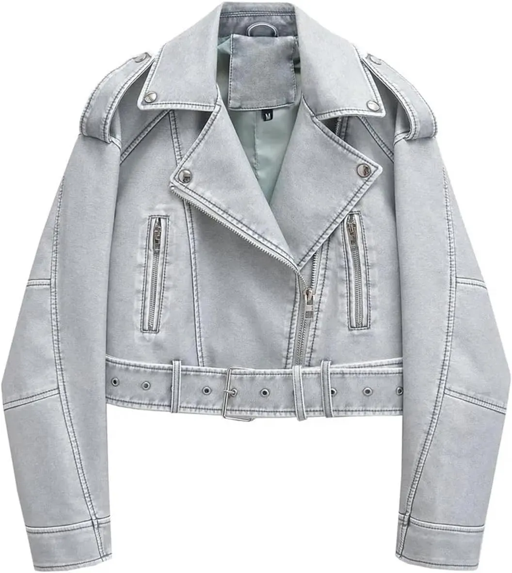 Women’S Vintage Loose PU Faux Leather Short Jacket With Belt Turn-Down Collar And Spliced Zippers Motor Biker Style Coat