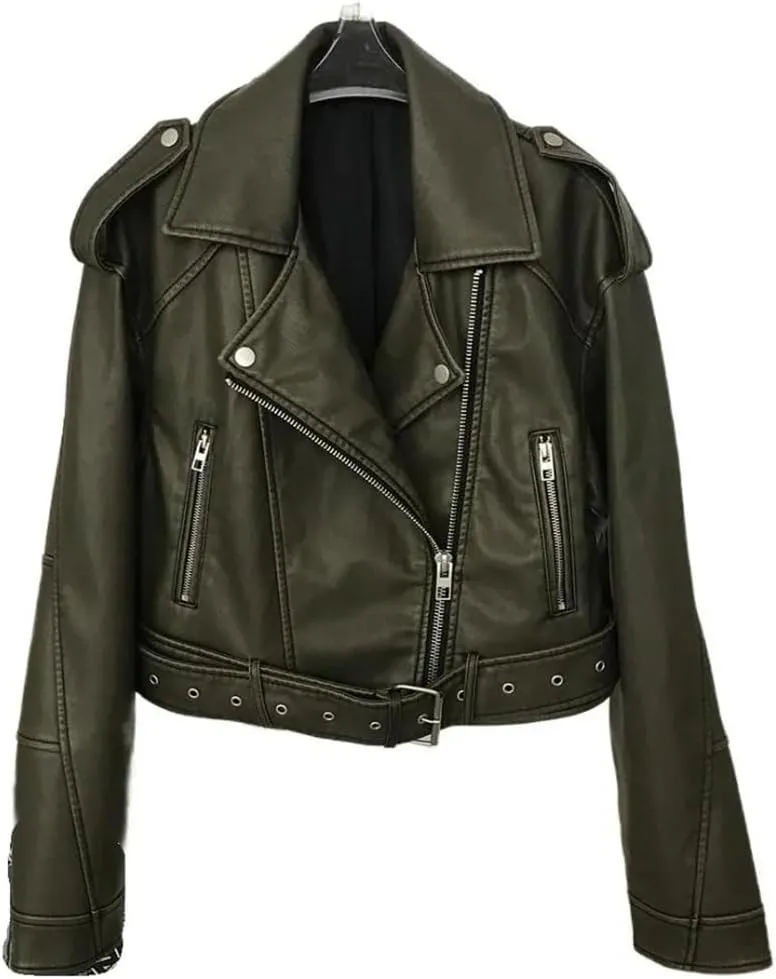Women’S Vintage Loose PU Leather Jacket Zipper Closure Turn-Down Collar Sashes Short Moto Biker Coat