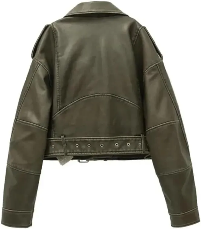 Women’S Vintage Loose PU Leather Jacket Zipper Closure Turn-Down Collar Sashes Short Moto Biker Coat