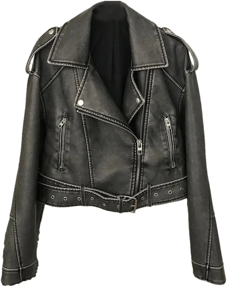 Women’S Vintage Loose PU Leather Jacket Zipper Closure Turn-Down Collar Sashes Short Moto Biker Coat