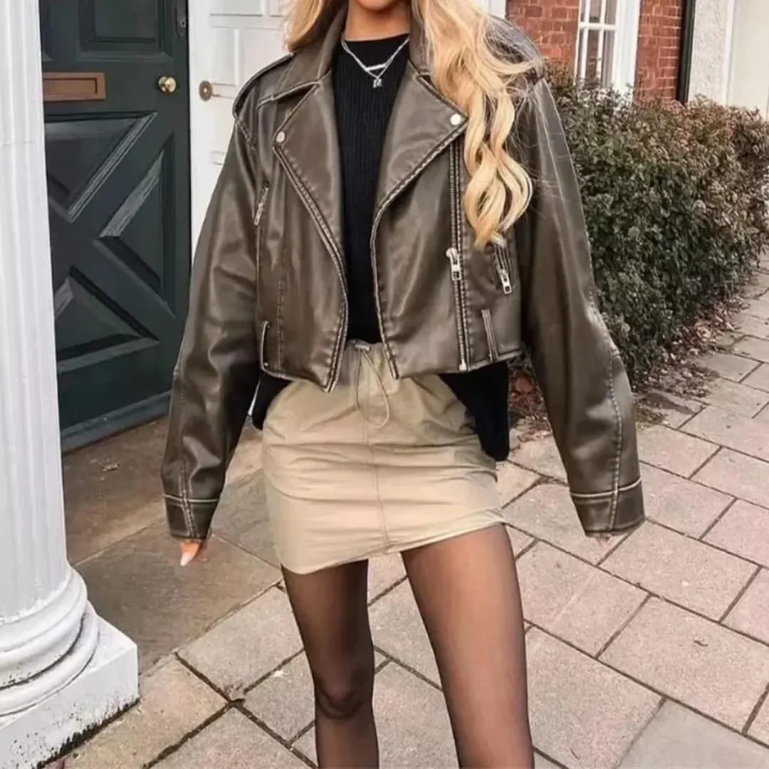 Women’S Vintage Loose PU Leather Jacket Zipper Closure Turn-Down Collar Sashes Short Moto Biker Coat