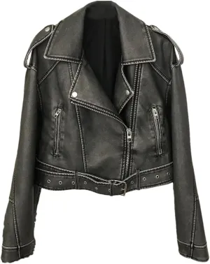 Women’S Vintage Loose PU Leather Jacket Zipper Closure Turn-Down Collar Sashes Short Moto Biker Coat