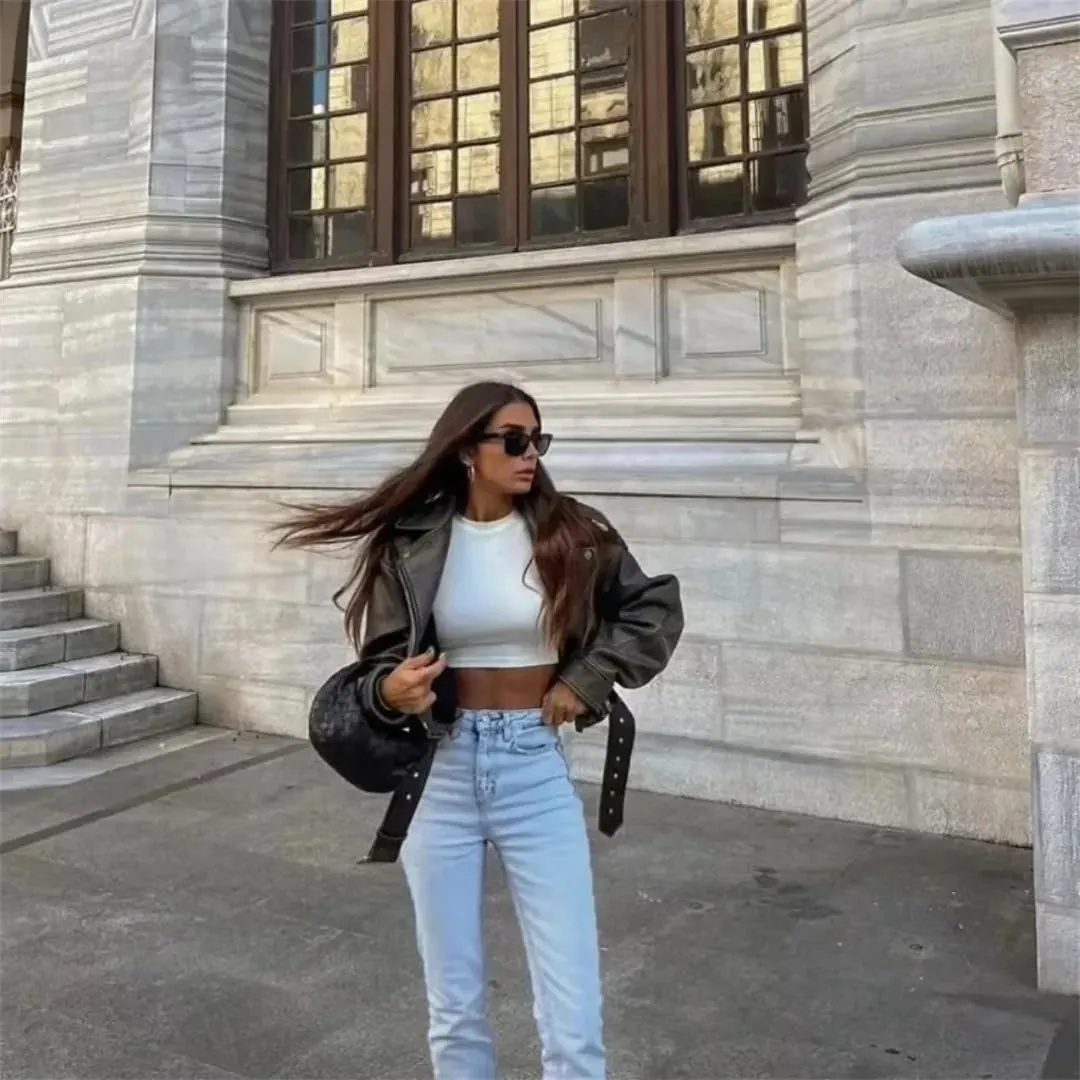 Women’S Vintage Loose PU Leather Jacket Zipper Closure Turn-Down Collar Sashes Short Moto Biker Coat