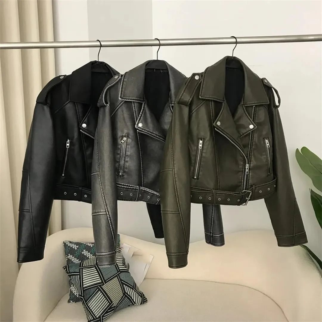Women’S Vintage Loose PU Leather Jacket Zipper Closure Turn-Down Collar Sashes Short Moto Biker Coat