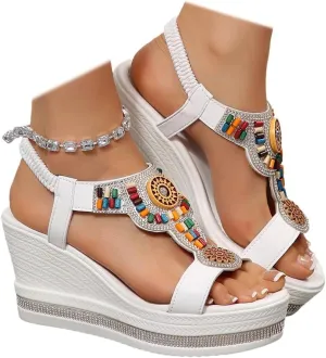 Women's Wedge Sandals Platform Jeweled Bohemian Platform Elastic Ankle Strap Sandals Open Toe Dressy Casual Summer Shoes
